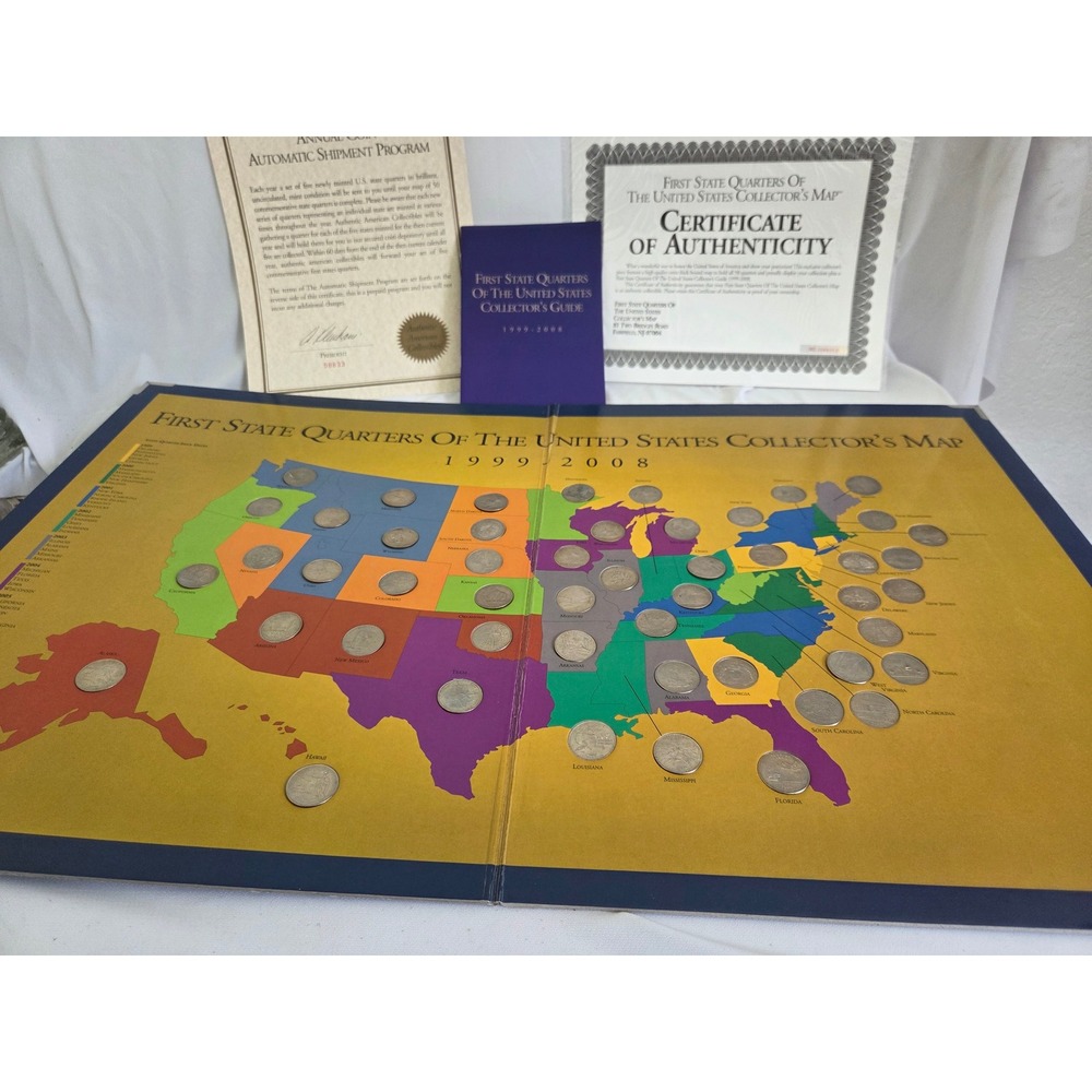 First State Quarters of the United States Collector Map 1999-2008 With 50 Coins